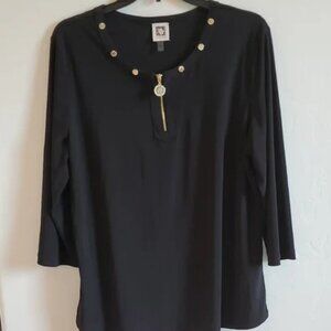 Anne Klein Black Embellished Top 3/4 Sleeve XL